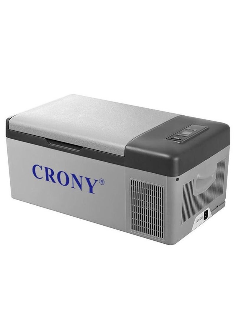 Crony C15 15l portable car refrigerator freezer. It features compressor cooling, a quiet design, low power consumption, rapid cooling, DC 12V/24V power supply, a temperature range of -20°C to 20°C, APP control, and an LED panel to protect your car battery. Ideal for road trips, outdoor activities, and fishing enthusiasts. - Image 1